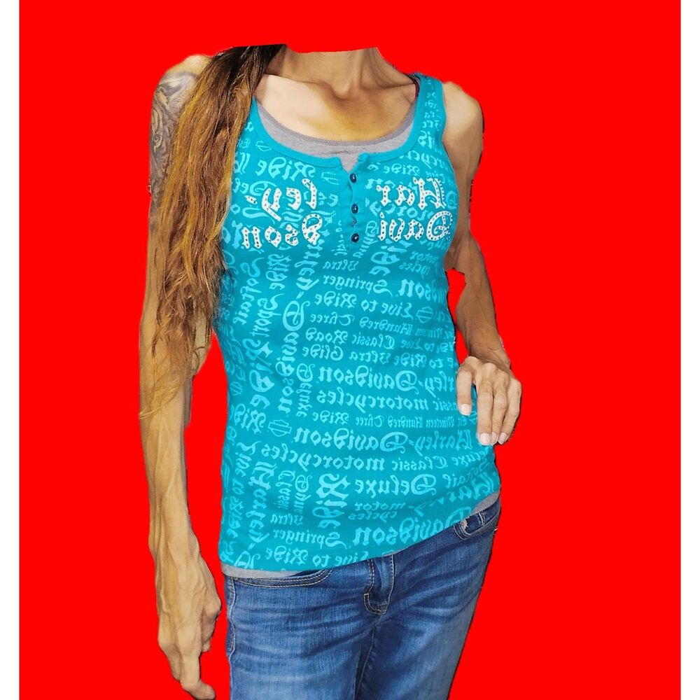 Harley-Davidson Teal Rhinestone Tank Top ~ Size Small | Sparkle Logo